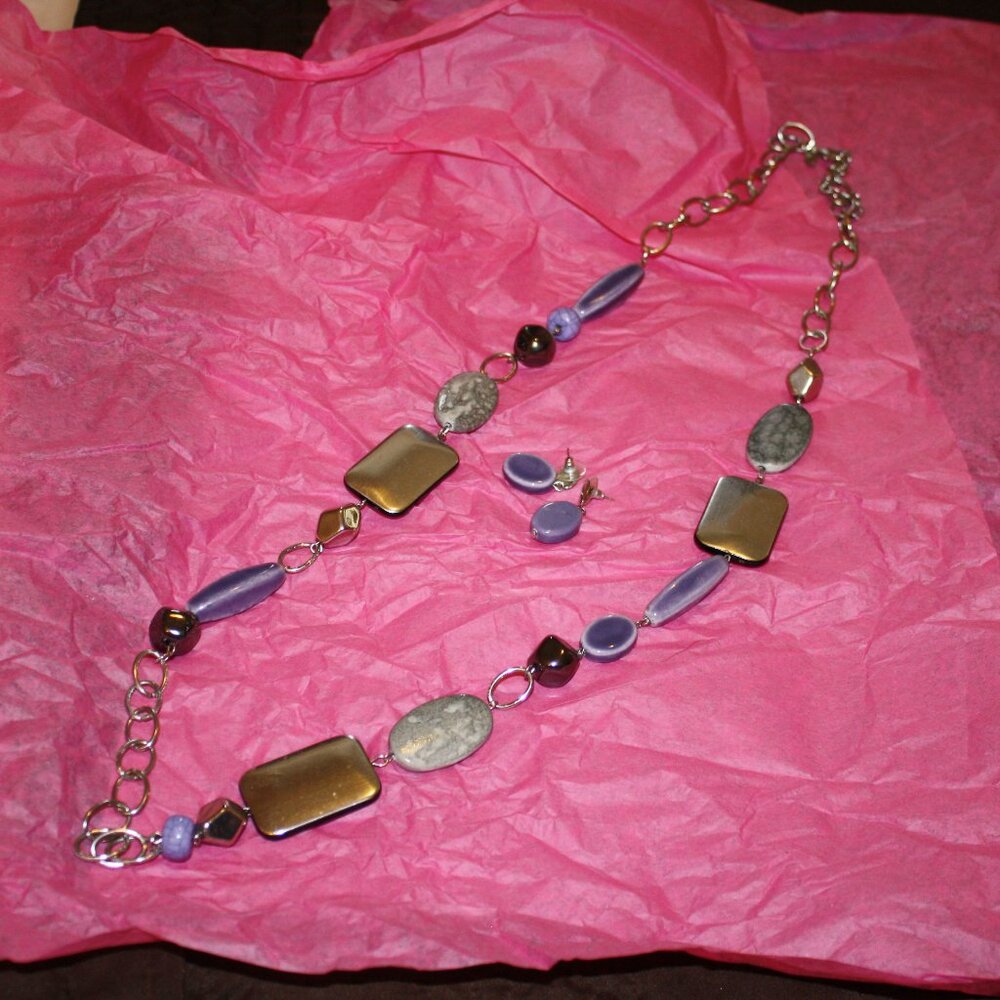 Lavender silver gold chunky necklace & pierced earrings set